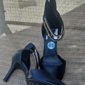 Impo Black Heels with Gold Chain Accent